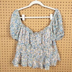 ASTR The Label Peach Blue Ditsy Floral Smocked Puff Sleeve Top XL AT16103B-003